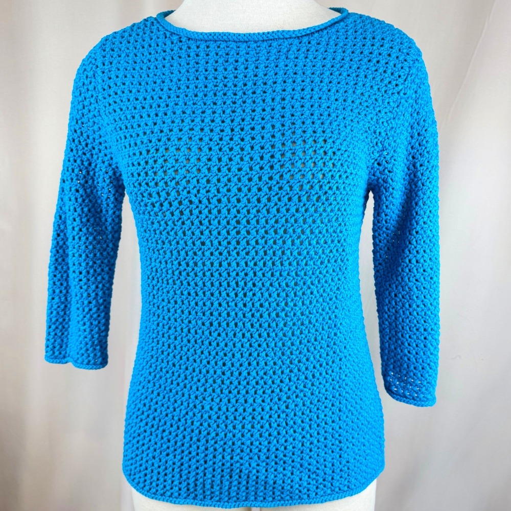 Y2K LAUREN RALPH LAUREN Womens Hand Knit Sweater|XL|Turquoise Open Knit Resort